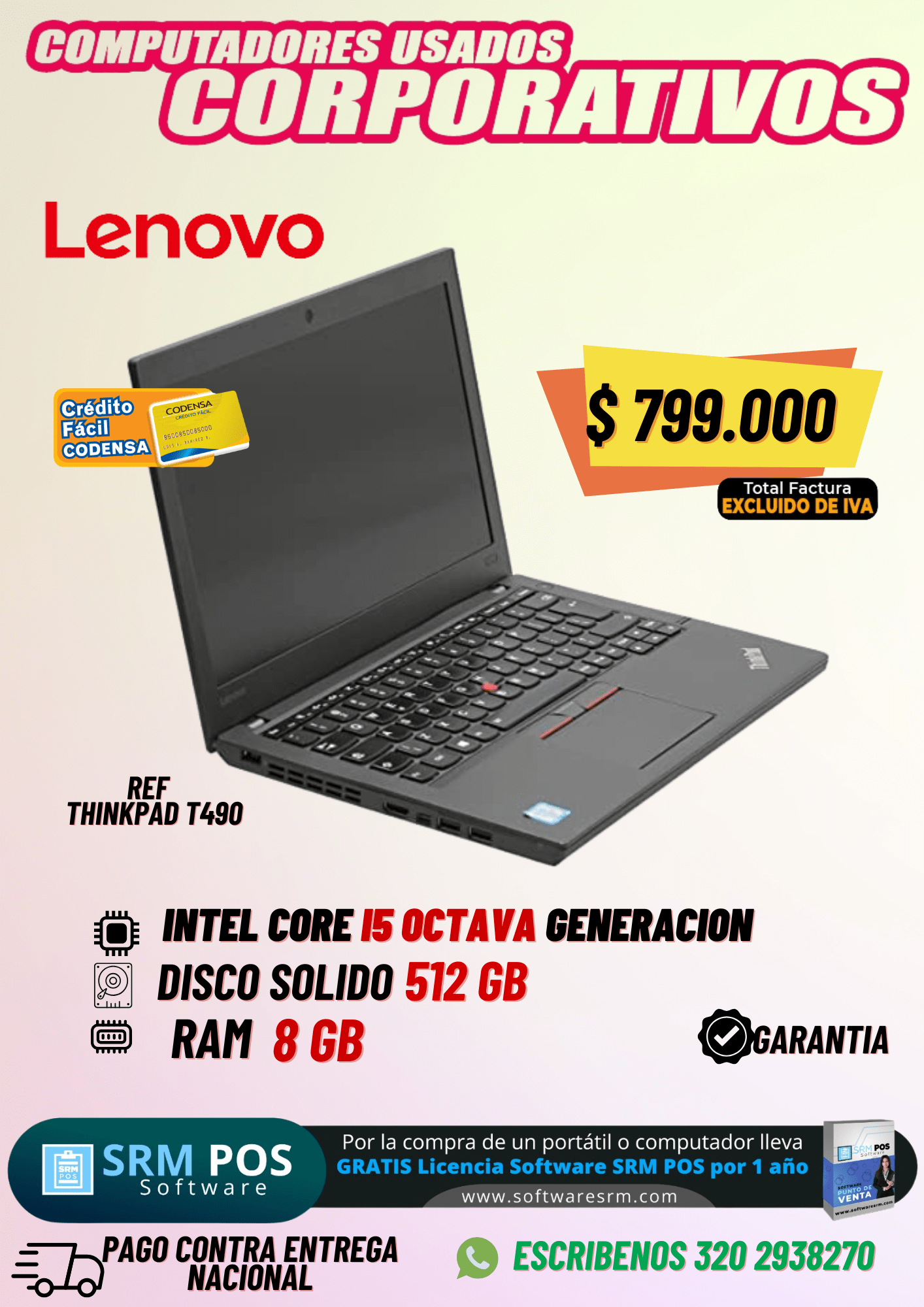 Lenovo ThinkPad T490 – i5 8ª Gen, 8GB RAM, 512GB SSD | Precio Colombia